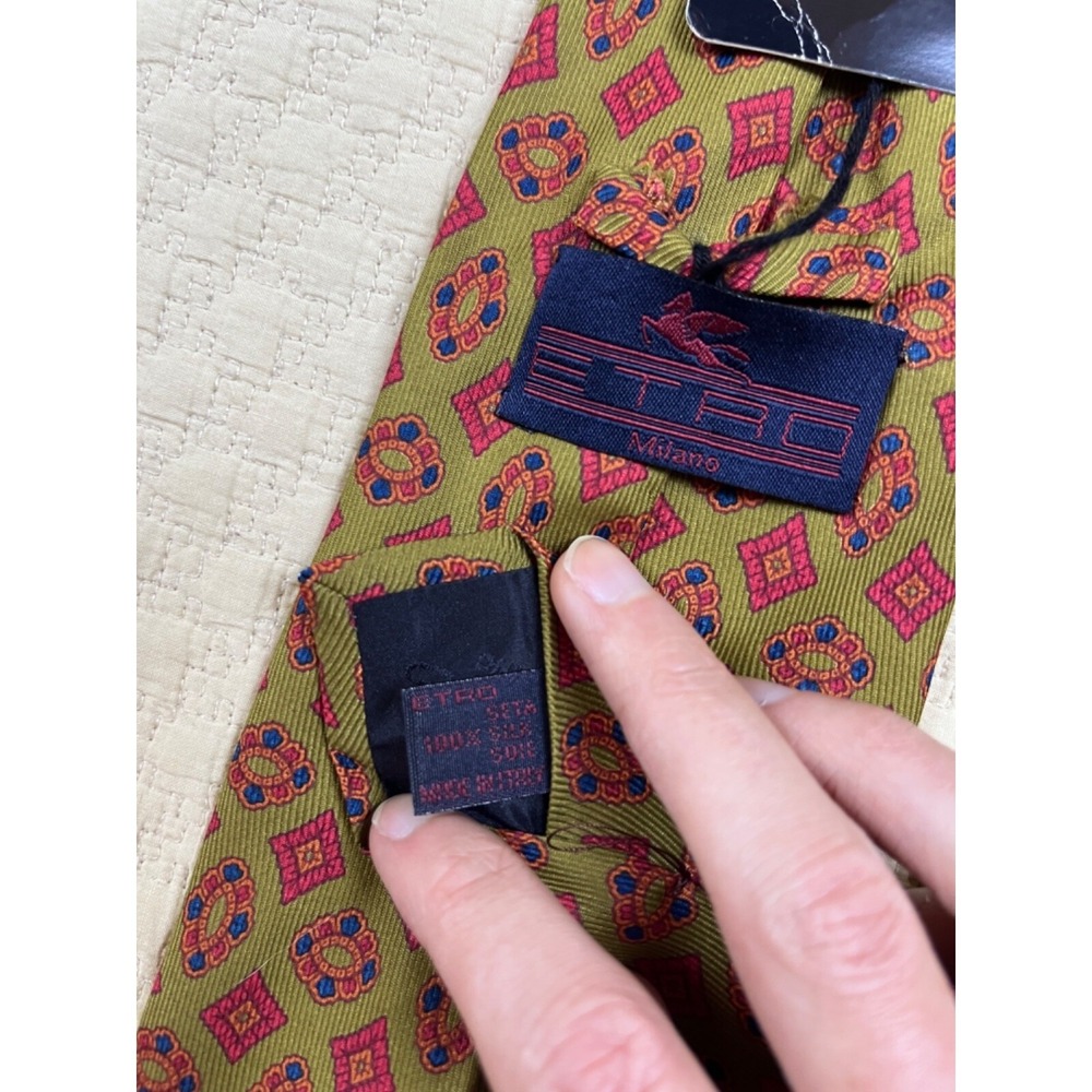 Etro Jacquard Silk Tie NWT Retro 1970s | Green Red Blue | 54"L 4"W - Picture 5 of 7